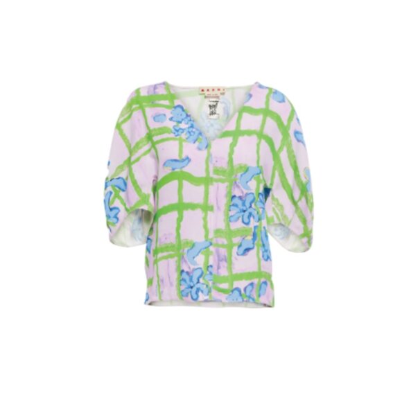 Marni Floral Print Blouse Top Shirt Womens 46 10 Large Blue Green Purple V-Neck - Picture 1 of 14